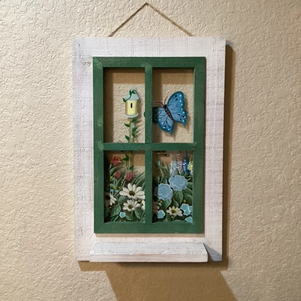 Charming Window Scene Shelf Wall Decor Butterfly Birdhouse‎ Flowers Garden Art